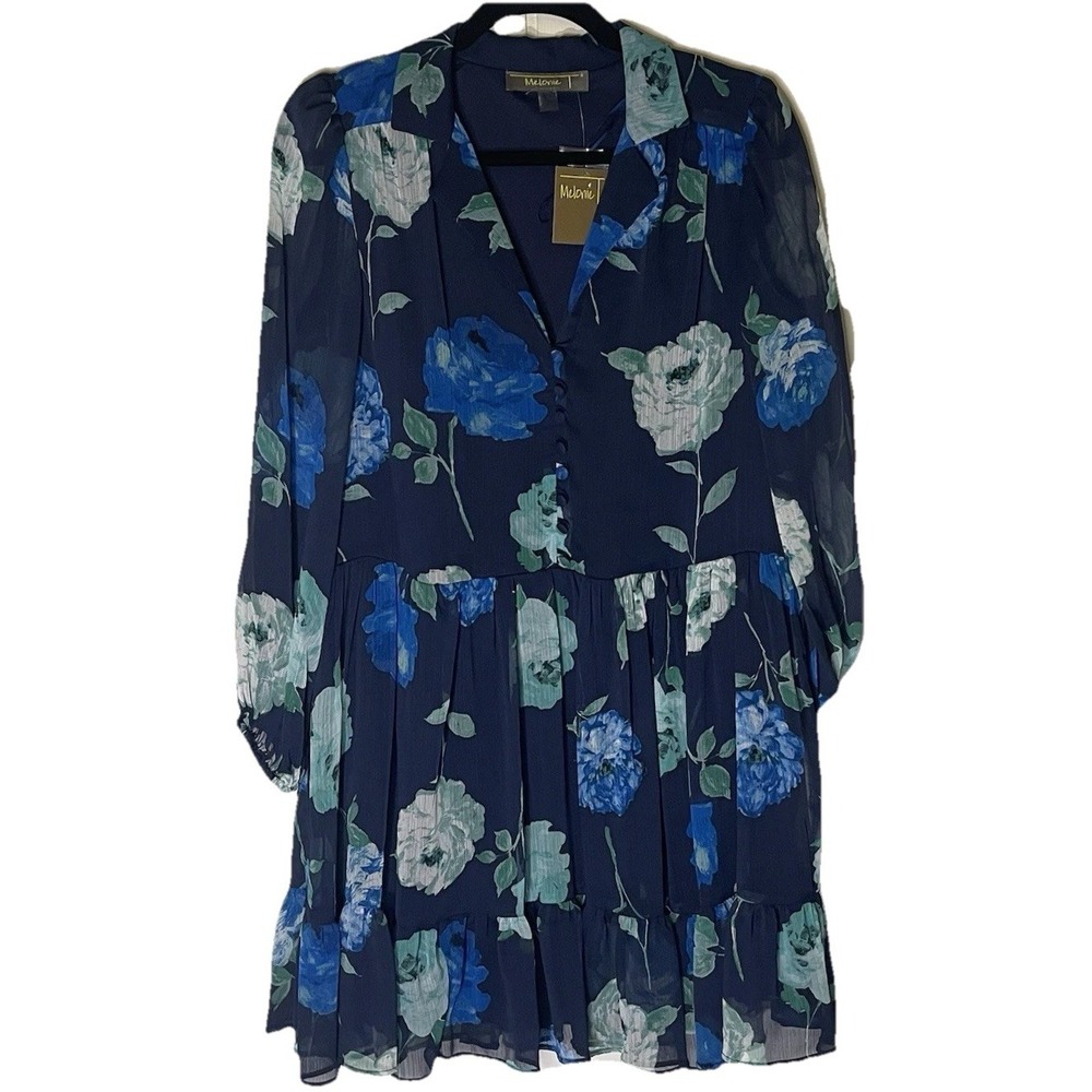 NWT‎ Melonie Navy Print Dress Womens Size 4 Long Sleeves Above Knee Career Work